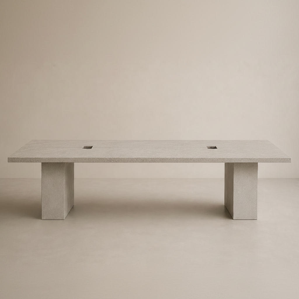 A minimalist rectangular concrete table with a thick top and two blocky legs, shown against a neutral beige studio background.